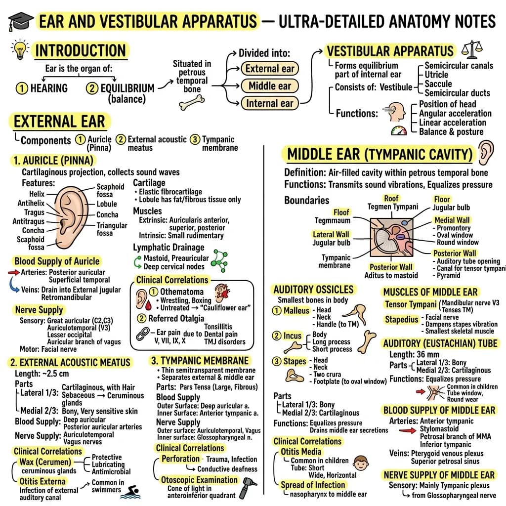 Detailed anatomy diagram of the ear: external ear, middle ear with the auditory ossicles, inner ear and vestibular apparatus, with blood and nerve supply labelled.