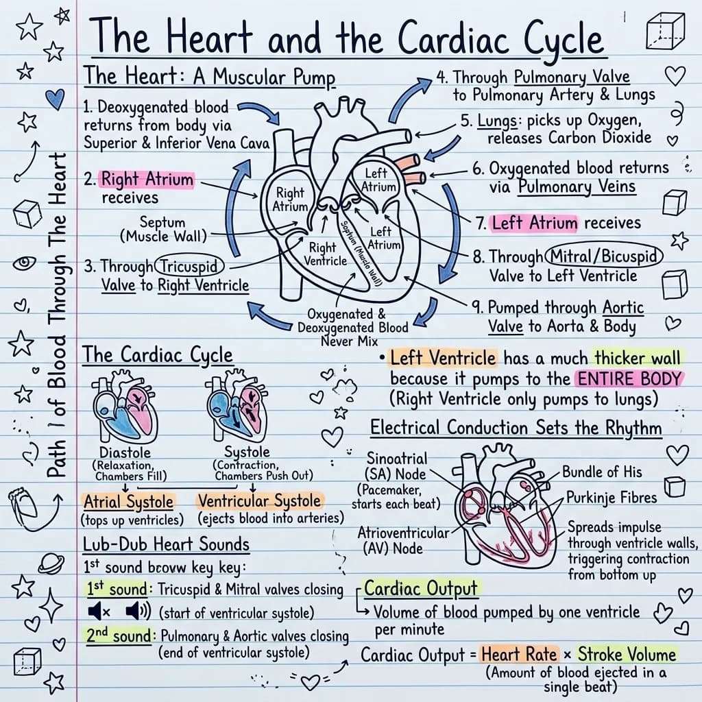 Labelled heart anatomy diagram showing the four chambers, the tricuspid, pulmonary, mitral and aortic valves, the path of blood through the heart and lungs, diastole and systole, and the conduction pathway from the SA node to the Purkinje fibres.