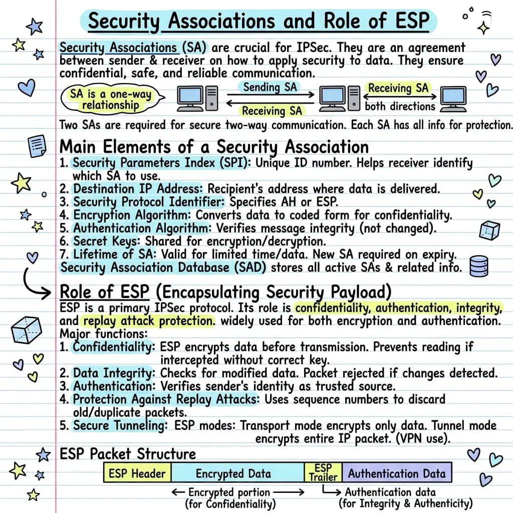 Diagram explaining IPSec Security Associations and the Encapsulating Security Payload, including SA elements, the Security Association Database, and ESP in transport and tunnel mode.