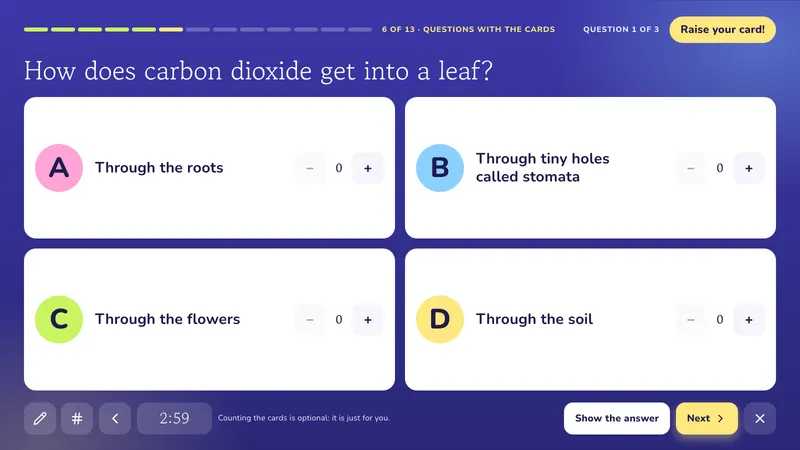 Questions with the cards: Photosynthesis
