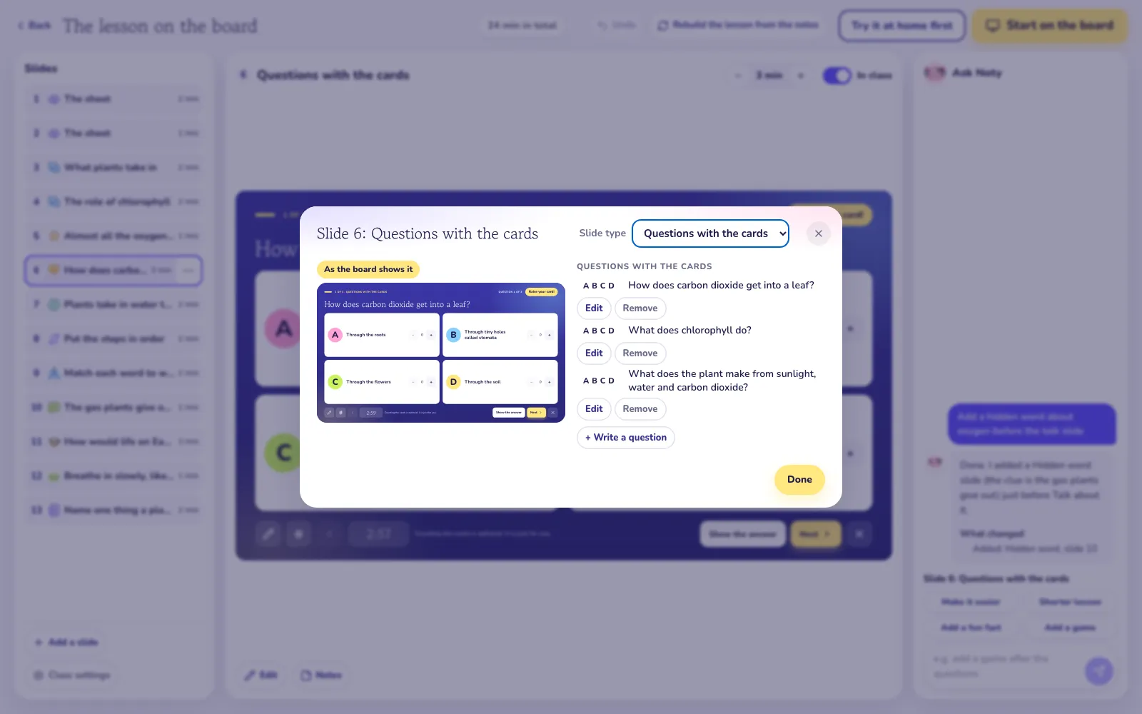 The lesson setup page with the list of activities and one open to edit