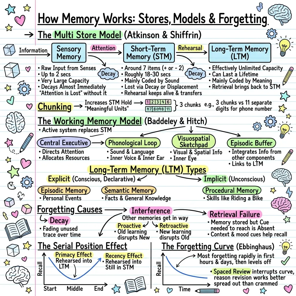 Visual notes on models of memory: the multi store model with sensory, short term and long term memory and their capacity, duration and coding; the working memory model with central executive, phonological loop, visuospatial sketchpad and episodic buffer; types of long term memory; causes of forgetting; the serial position curve and the Ebbinghaus forgetting curve.