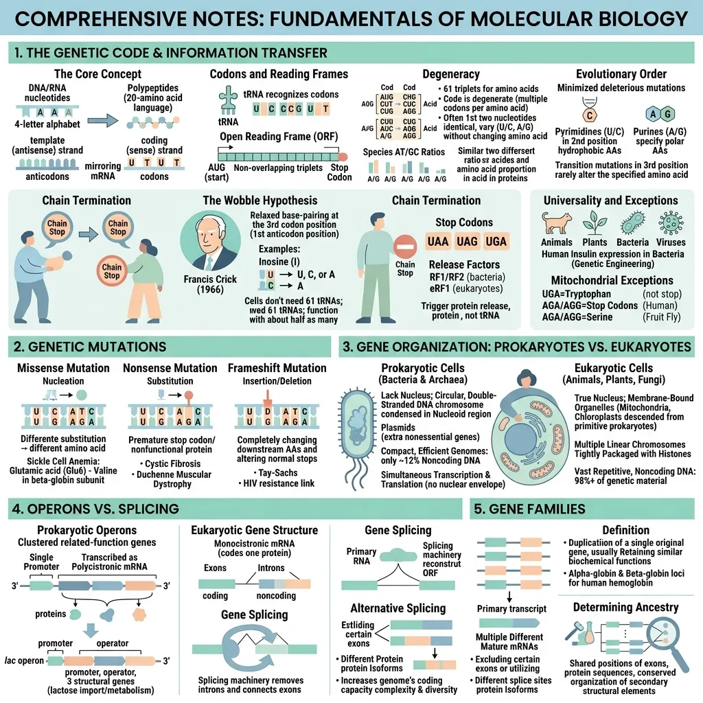 Infographic of molecular biology fundamentals covering the genetic code, types of mutation, prokaryotic and eukaryotic gene organisation, and DNA structure.