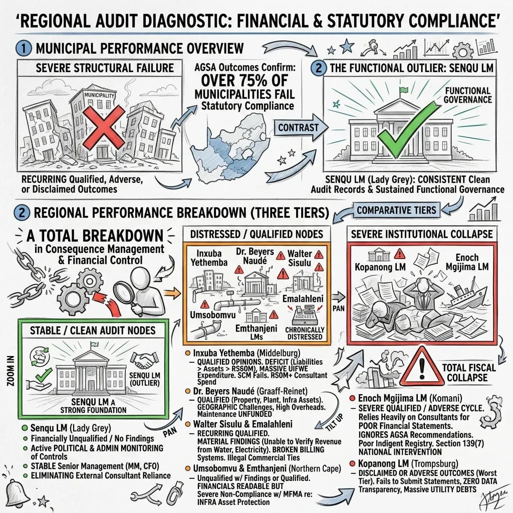 Visual summary of a regional municipal audit diagnostic showing three performance tiers, statutory compliance breaches, and strategic interventions.