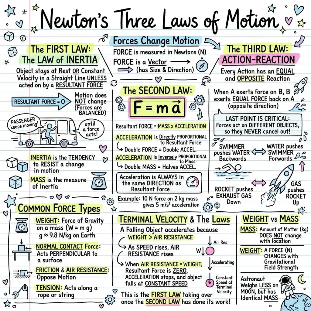 Visual notes on Newton's three laws of motion: balanced forces and inertia shown with a bus passenger, F = ma with a worked example of 10 N acting on 2 kg, action and reaction pairs on a swimmer and a rocket, labelled force arrows for weight, normal contact force, friction, air resistance and tension, and a terminal velocity graph.