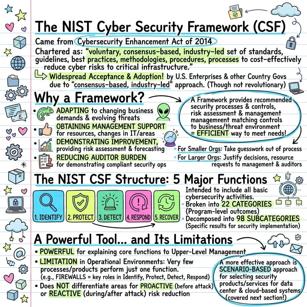 Diagram of the NIST Cybersecurity Framework showing the five core functions: identify, protect, detect, respond and recover.