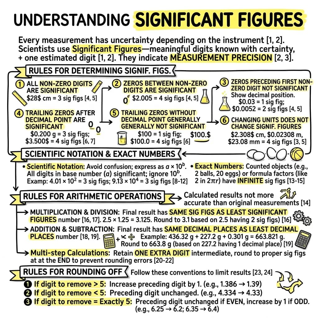 Infographic of significant figures rules: how to count significant digits, scientific notation, rules for multiplication and division, addition and subtraction, and rounding off.