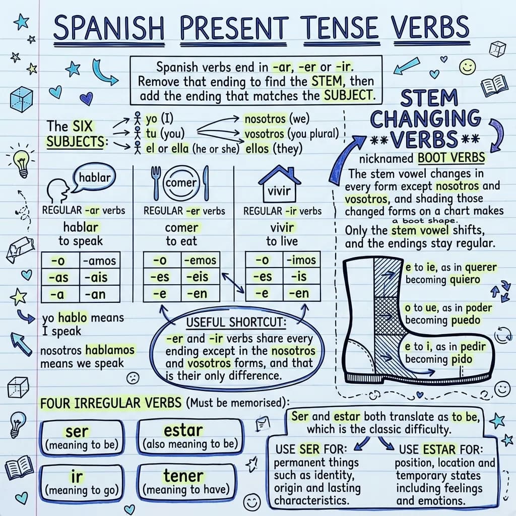 Visual notes on Spanish present tense verbs: the three regular ending sets for -ar, -er and -ir verbs, the six subject pronouns, the boot shaped stem changing patterns, the irregulars ser, estar, ir and tener, and a ser versus estar comparison panel.