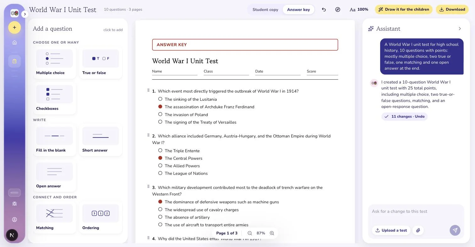 The answer key view of a test in the editor, with the correct option filled in red on every question