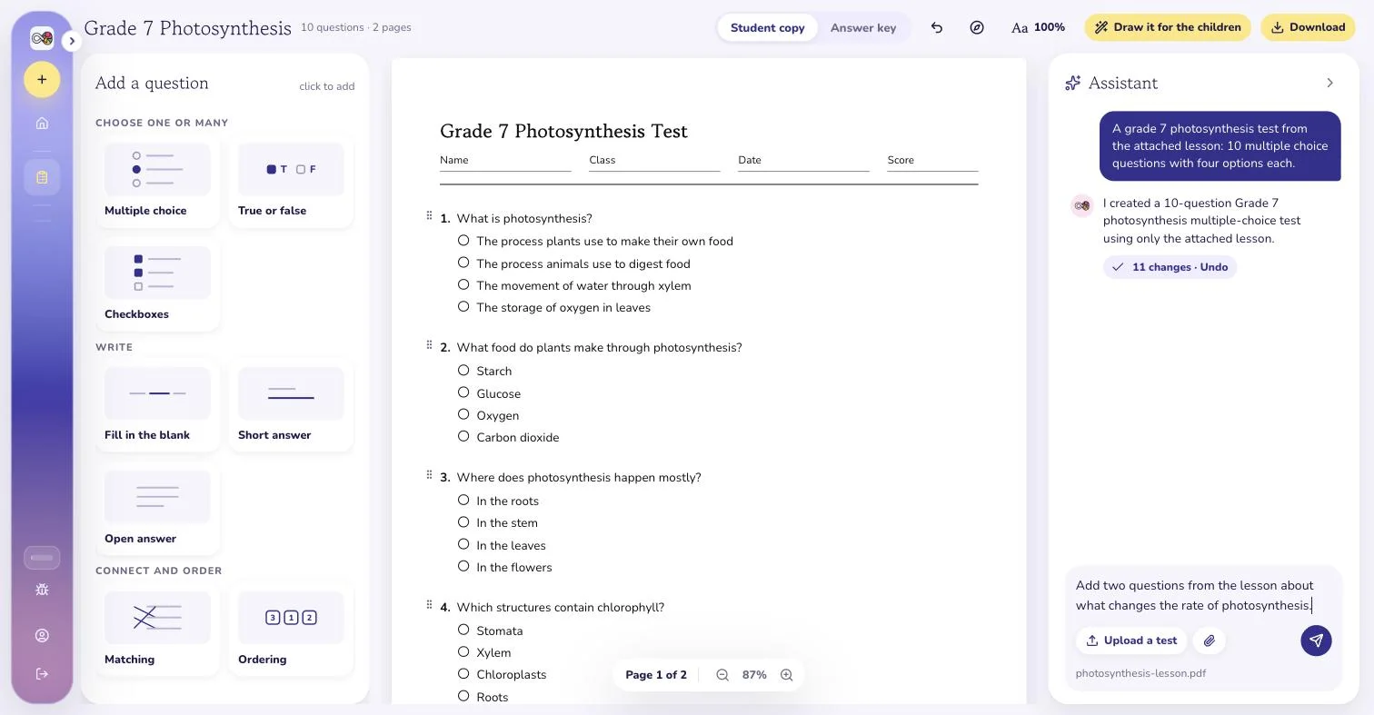 The VisualNote AI test editor after a lesson PDF was attached to the assistant: the request names the file, and a grade 7 photosynthesis test written from it fills the page