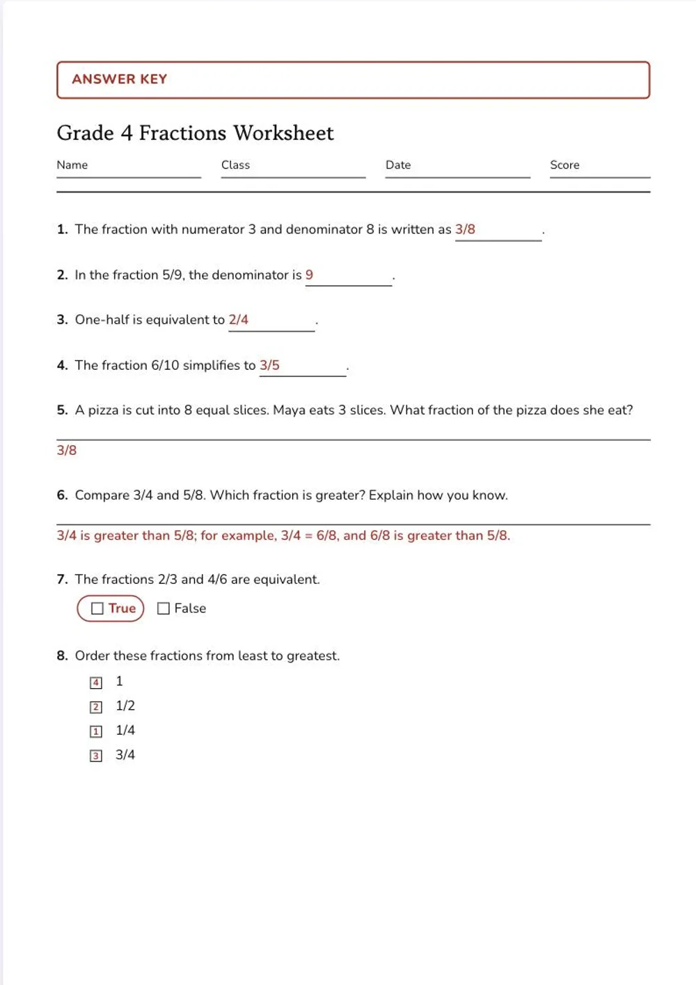The answer key of the same fractions test: the same page with the answers written in red