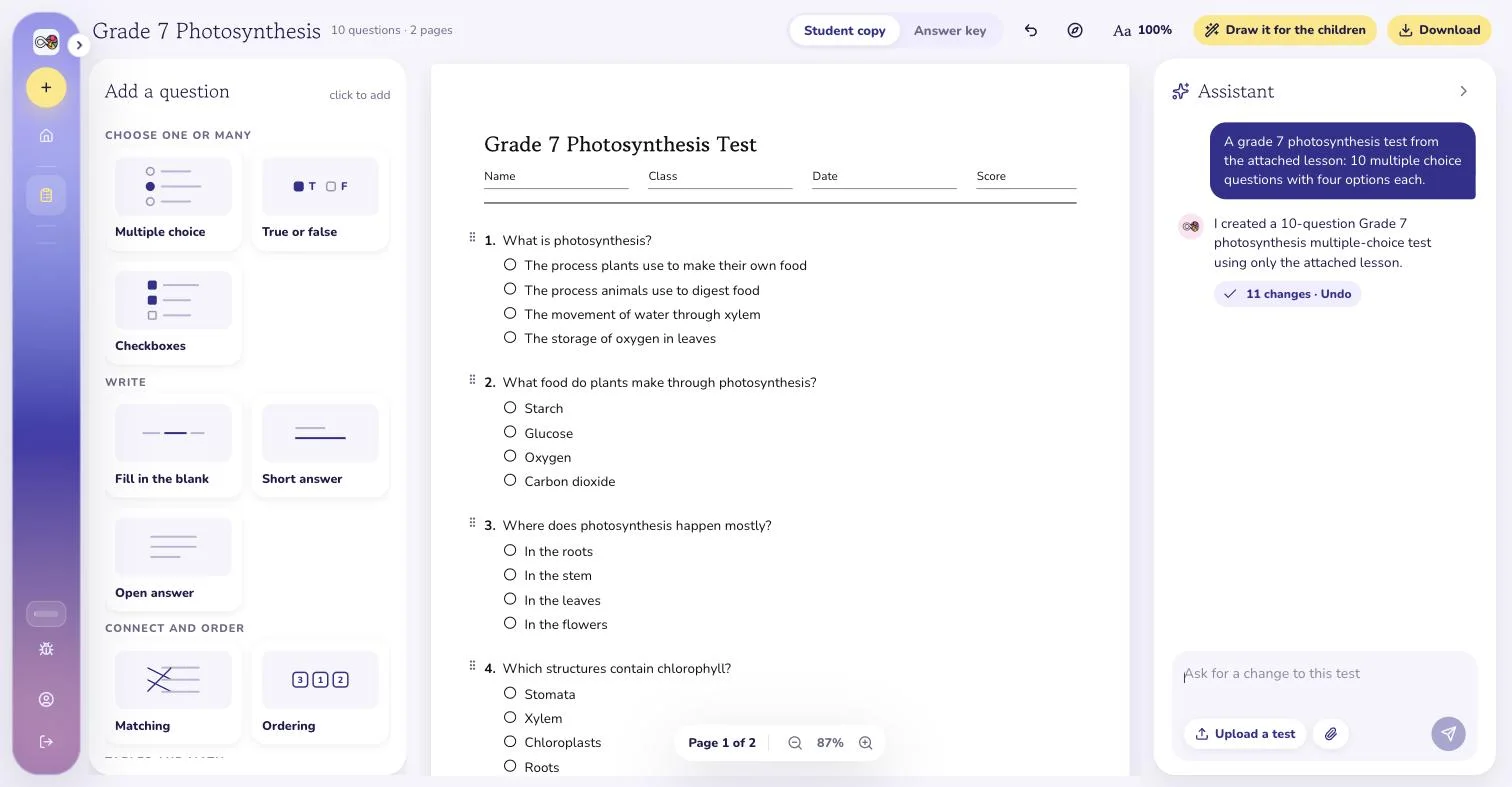 The VisualNote AI test editor with a grade 7 photosynthesis multiple choice test on the page: ten numbered questions with four options and empty circles, the assistant on the right