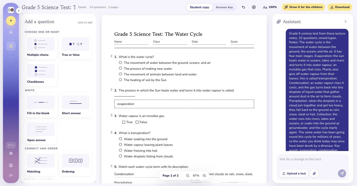 The VisualNote AI test editor after a teacher pasted their water cycle lecture notes into the assistant: the notes in the thread on the right, the grade 5 test written from them on the page