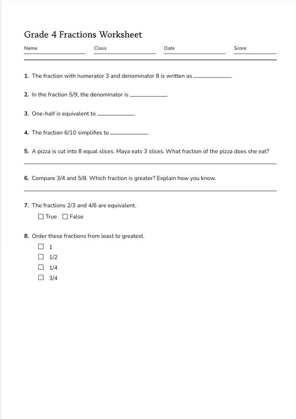 Page one of a printed grade 4 fractions test rebuilt from a photo: fill in the blank and short answer questions with ruled lines
