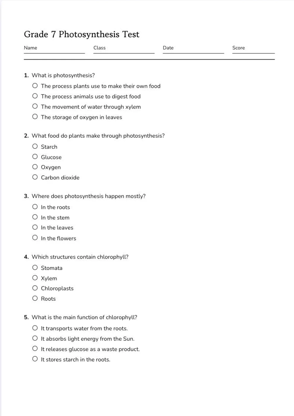 Page one of a printed photosynthesis multiple choice test: numbered questions with four options and an empty circle before each