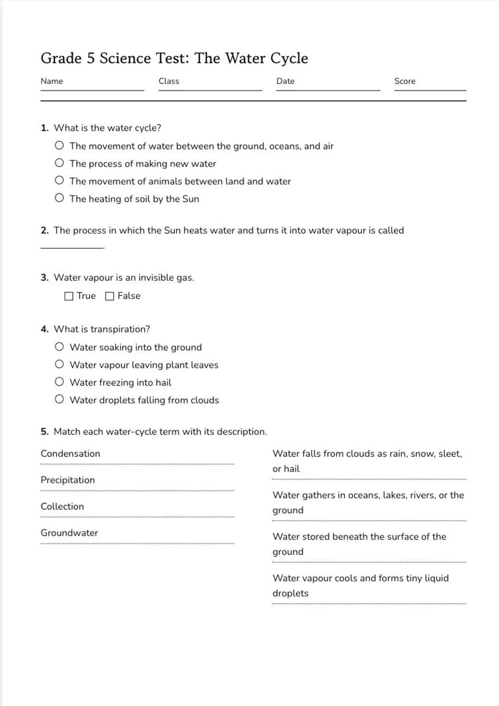 Page one of a printed grade 5 water cycle test generated from lecture notes: name, class, date and score fields, then numbered questions