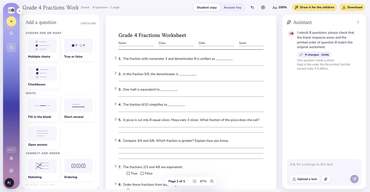 The VisualNote AI test editor after a photo of a grade 4 fractions test was uploaded: the questions rebuilt on the page, editable, with the assistant confirming what it read