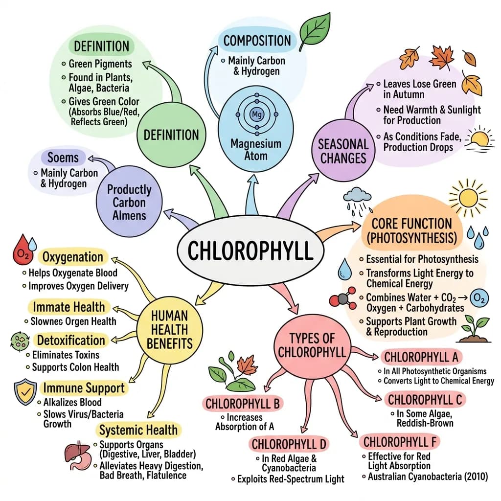 Nota visual que resume un vídeo de YouTube sobre la clorofila: definición, composición, fotosíntesis, tipos y beneficios para la salud, en un sketchnote con mapa mental