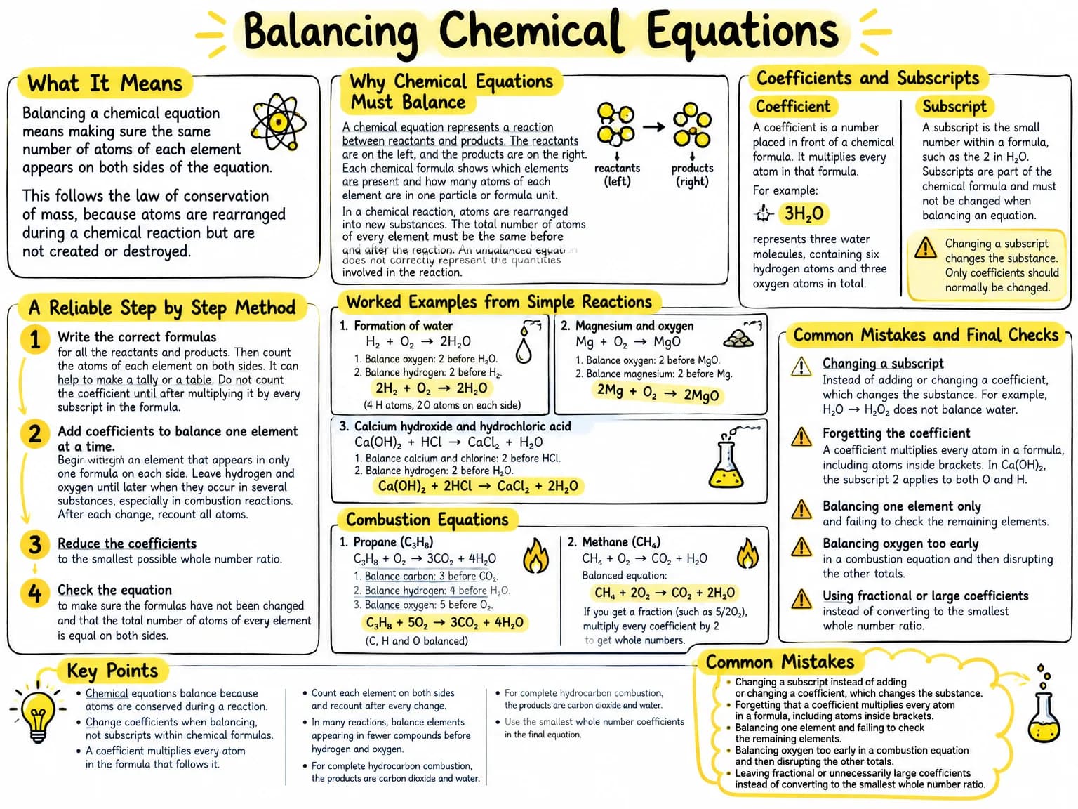 Visual note summarising balancing chemical equations