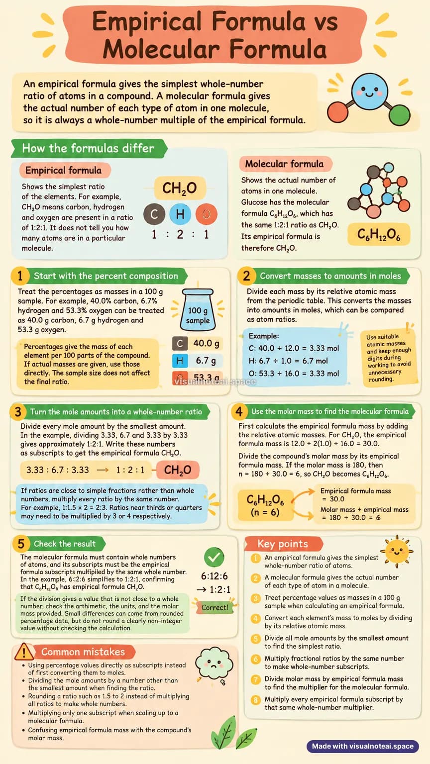 One-page study sheet on empirical formula vs molecular formula