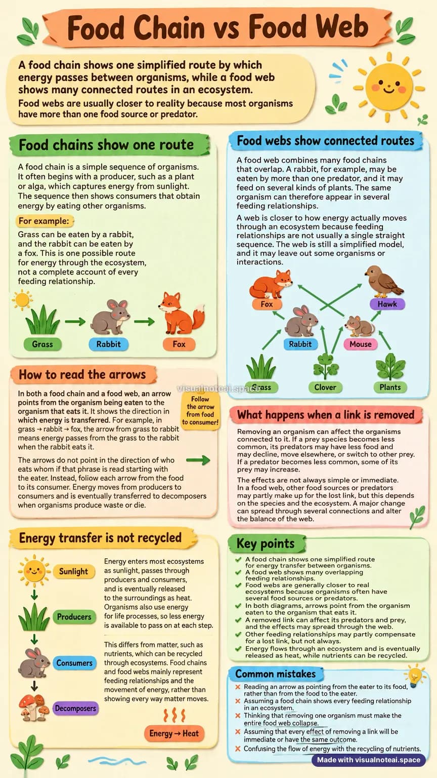 One-page study sheet on food chain vs food web