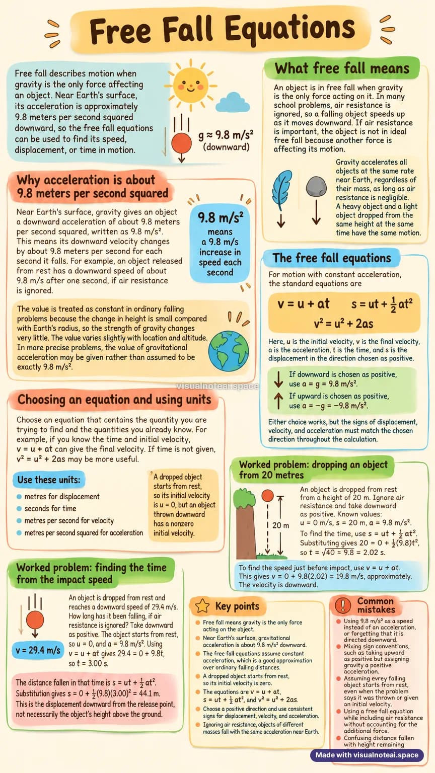 One-page study sheet on free fall equations