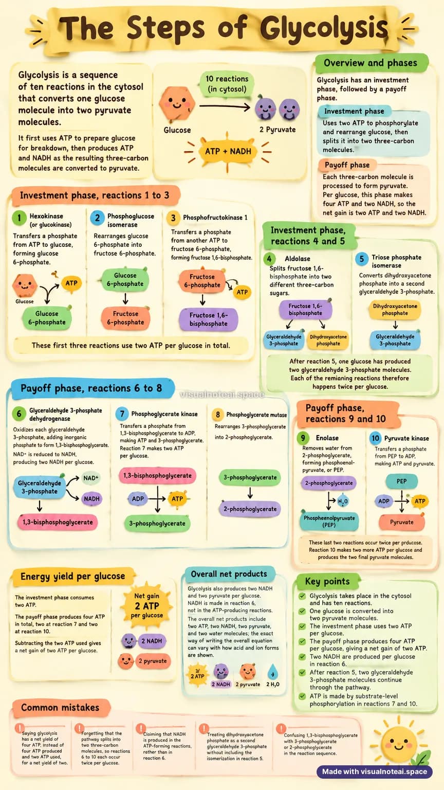 One-page study sheet on glycolysis steps