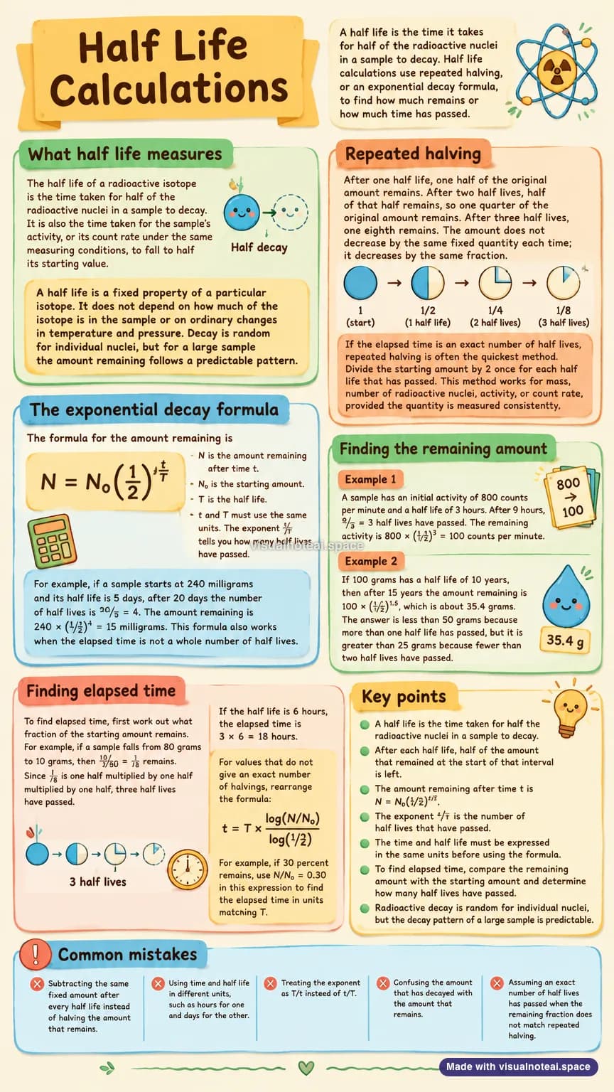 One-page study sheet on half life calculations