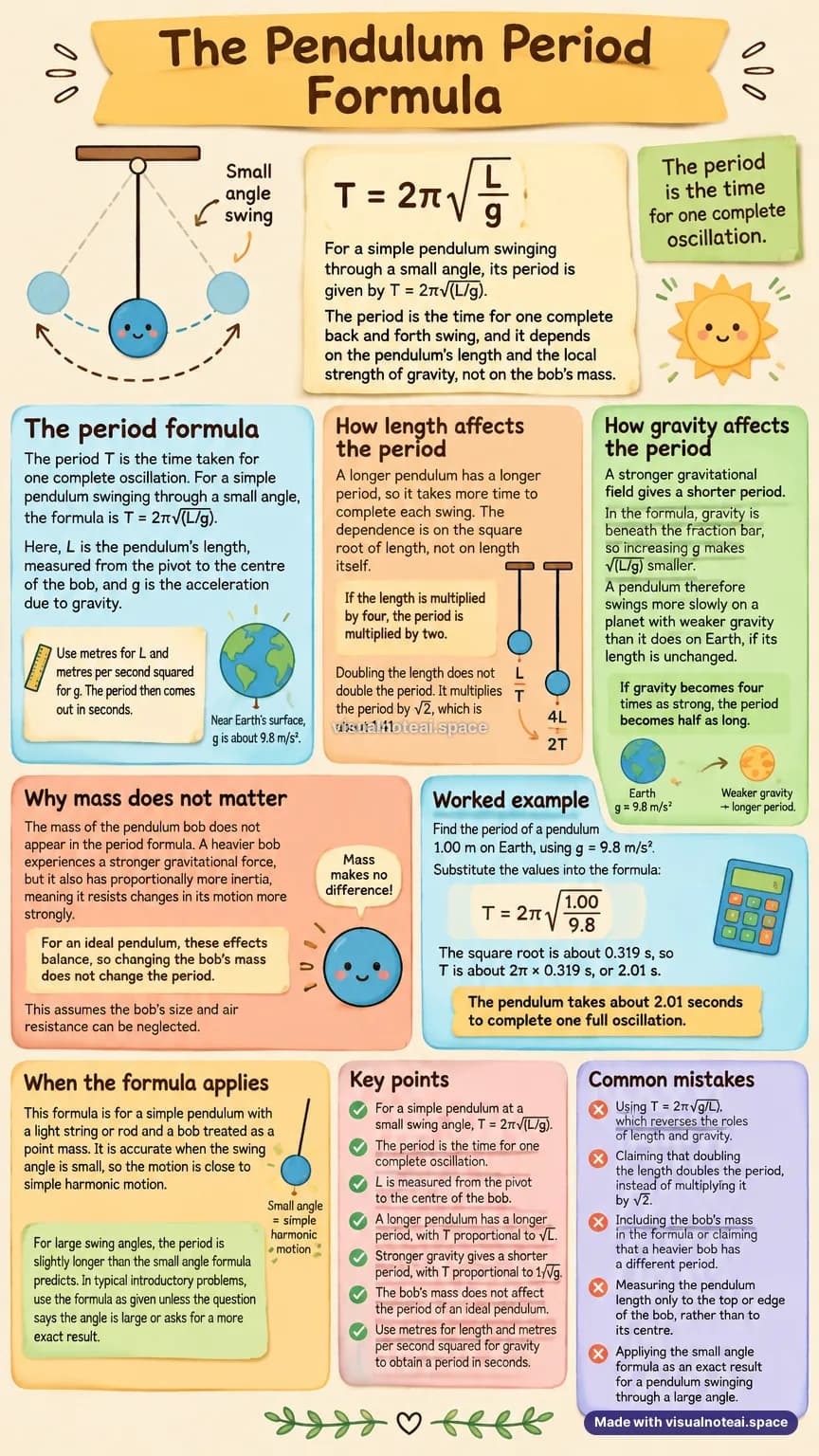 One-page study sheet on pendulum period formula
