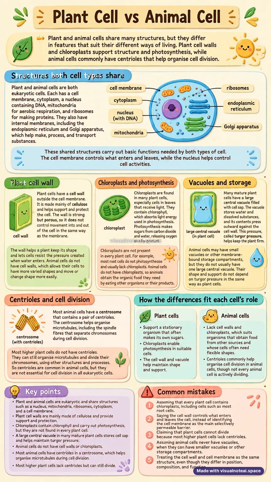One-page study sheet on plant cell vs animal cell