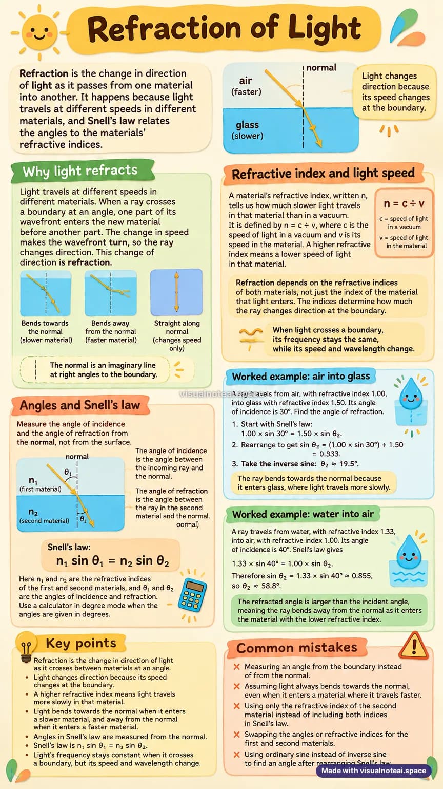 One-page study sheet on refraction of light