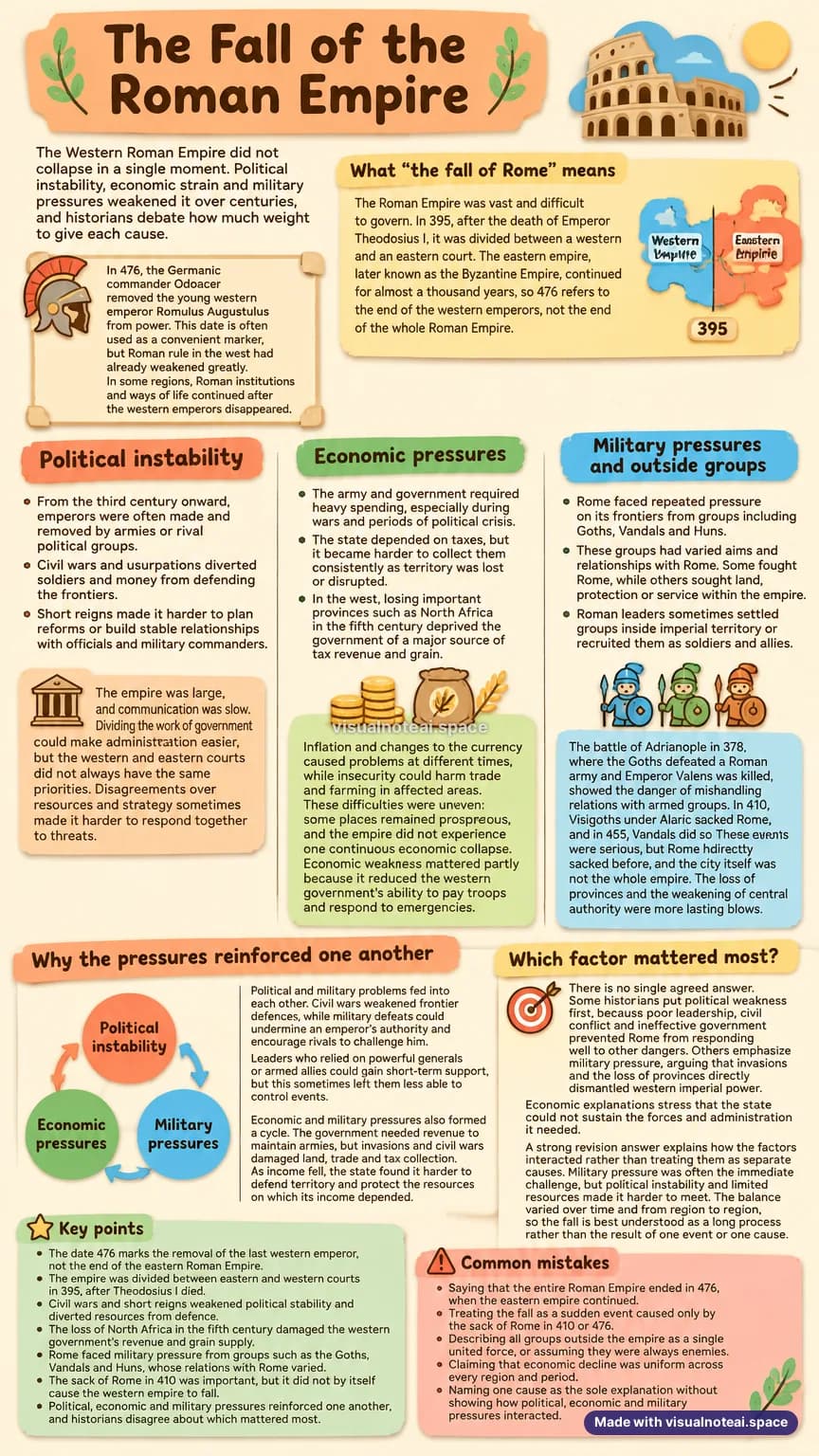 One-page study sheet on the fall of the roman empire