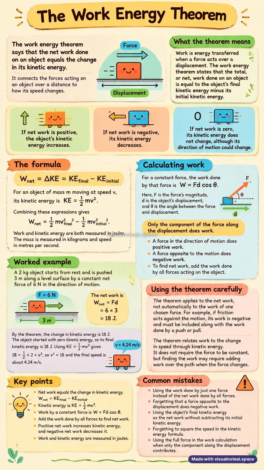 One-page study sheet on work energy theorem