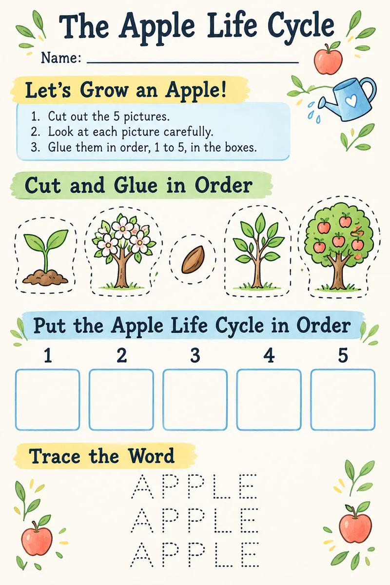 Apple Life Cycle Cut and Paste: free printable worksheet for kindergarten
