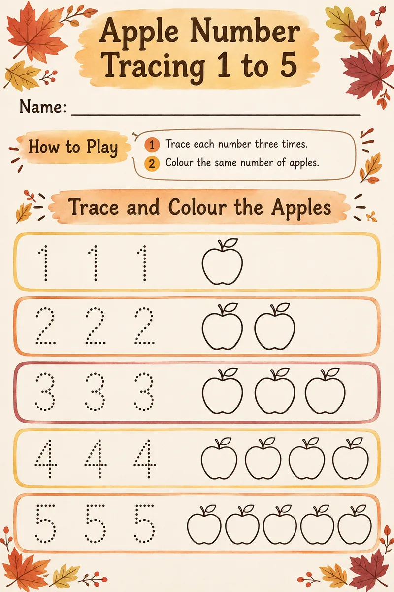 Apple Number Tracing 1 to 5: free printable worksheet for kindergarten