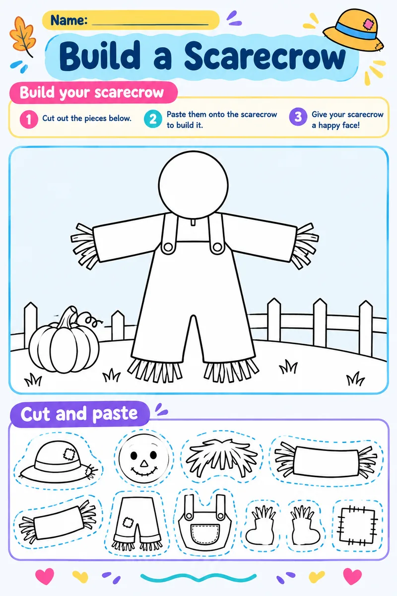 Build a Scarecrow: free printable worksheet for kindergarten