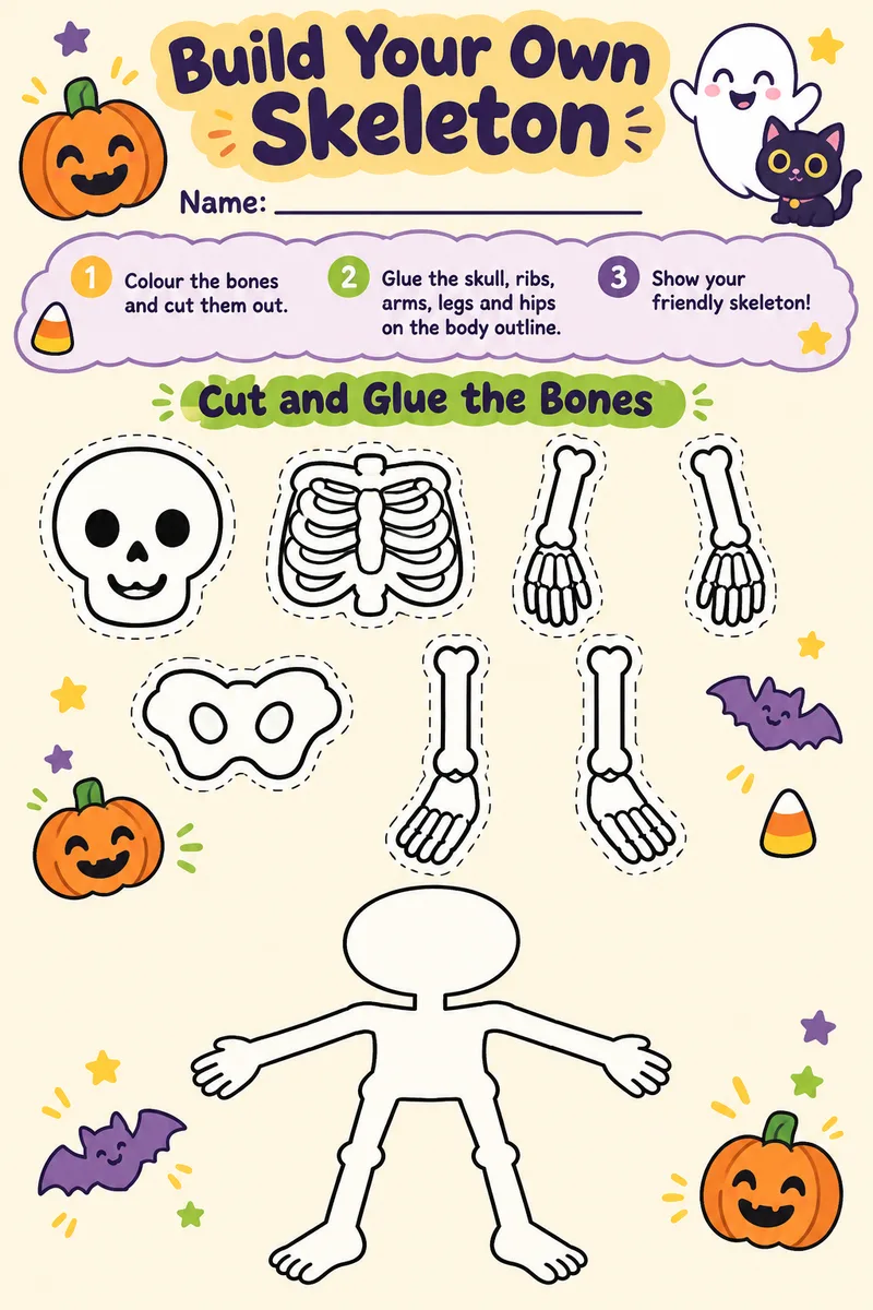 Build a Friendly Skeleton: free printable worksheet for kindergarten