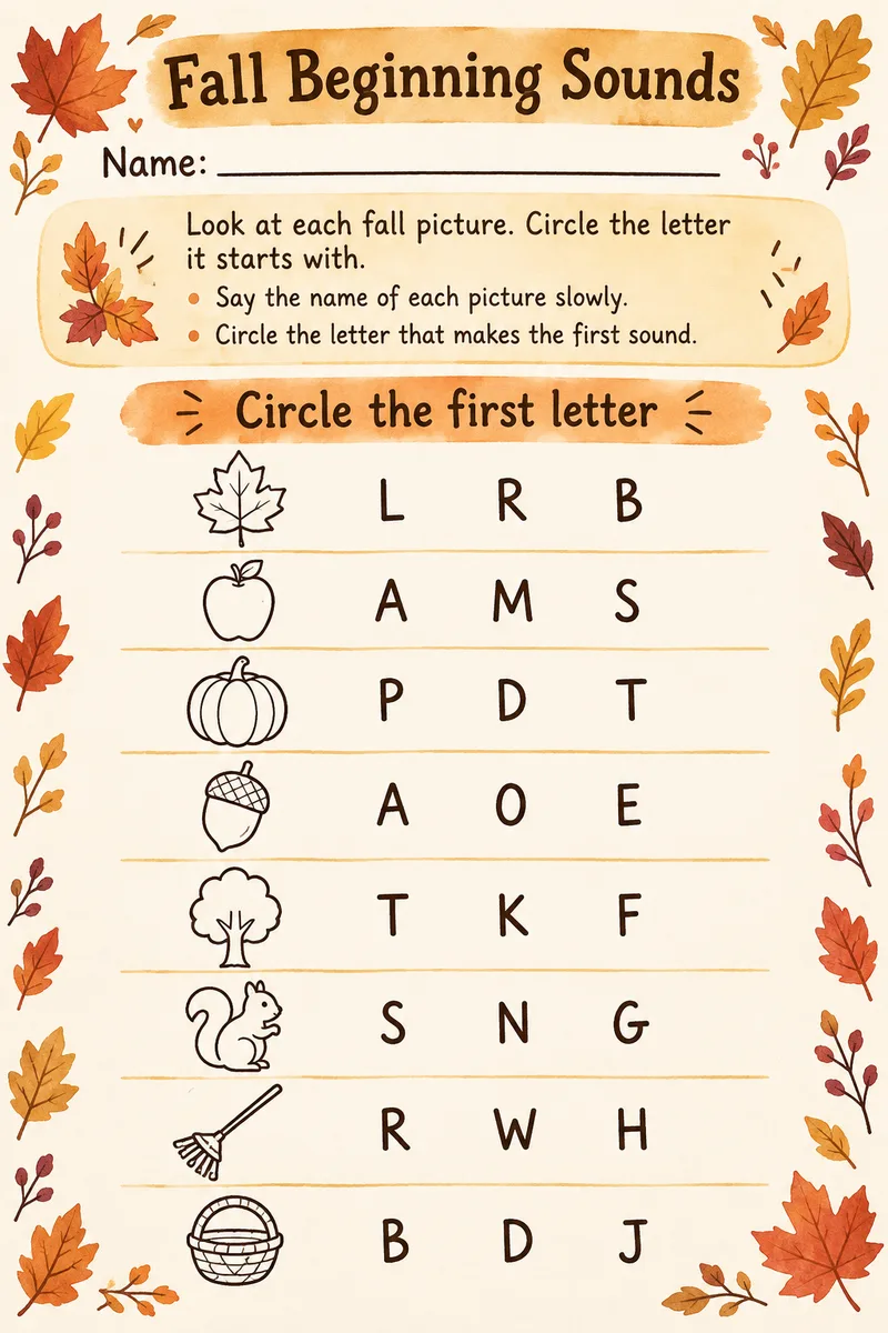 Fall Beginning Sounds: free printable worksheet for kindergarten