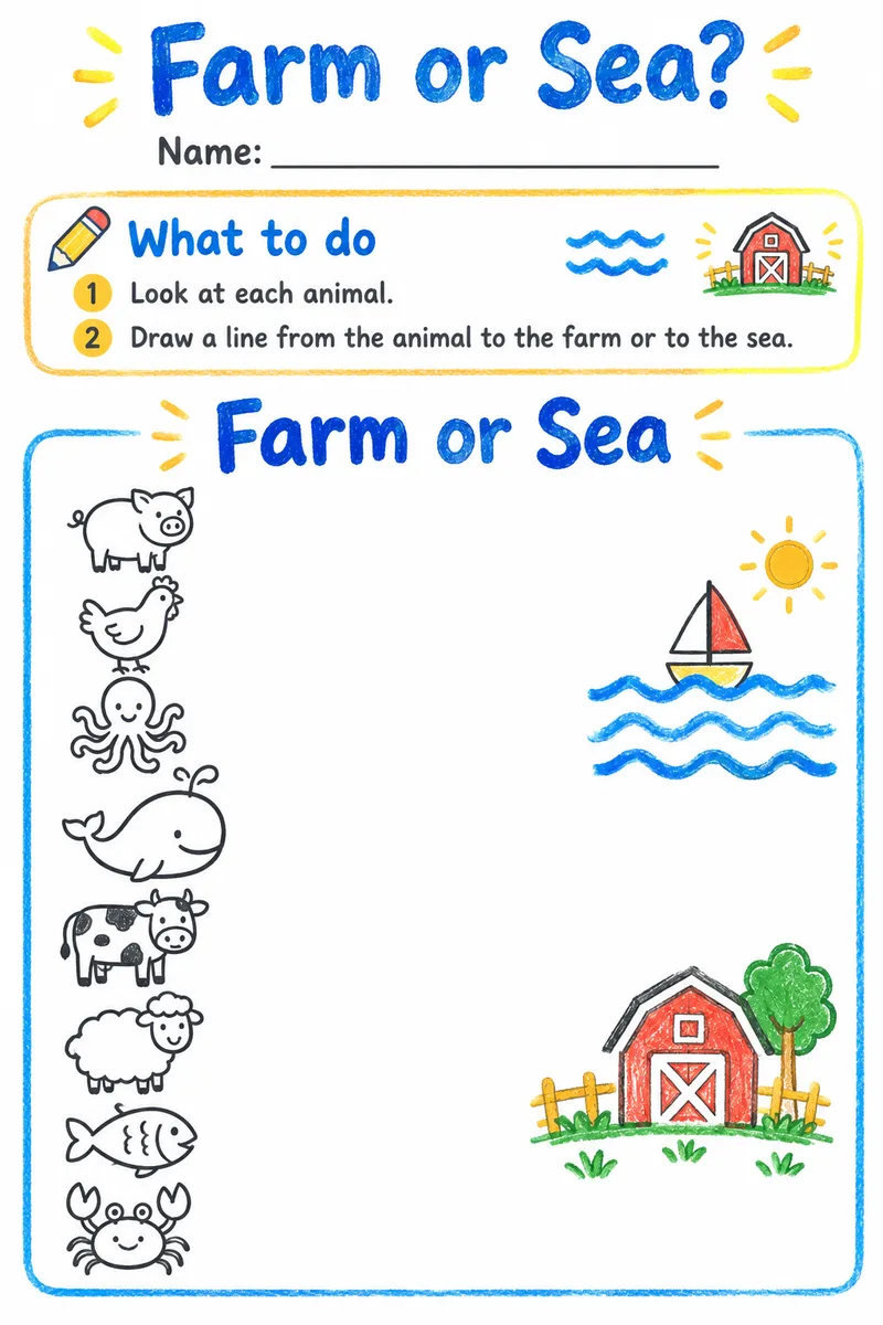 Farm or Sea Animals: free printable worksheet for kindergarten
