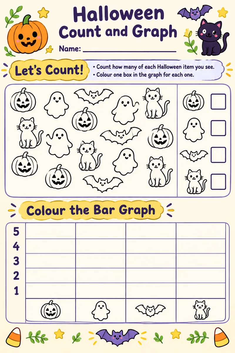 Halloween Count and Graph: free printable worksheet for kindergarten