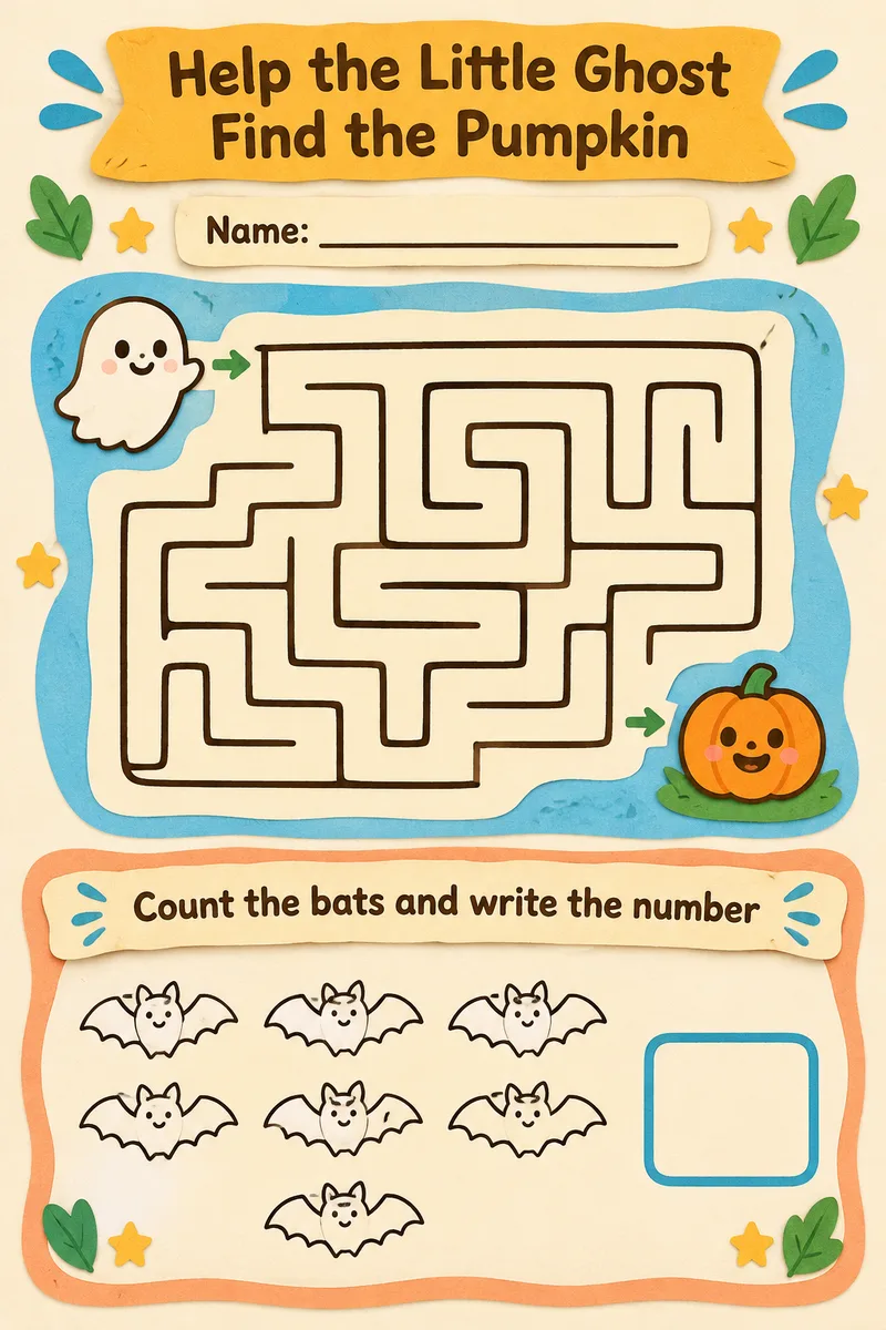 Halloween Ghost Maze: free printable worksheet for kindergarten