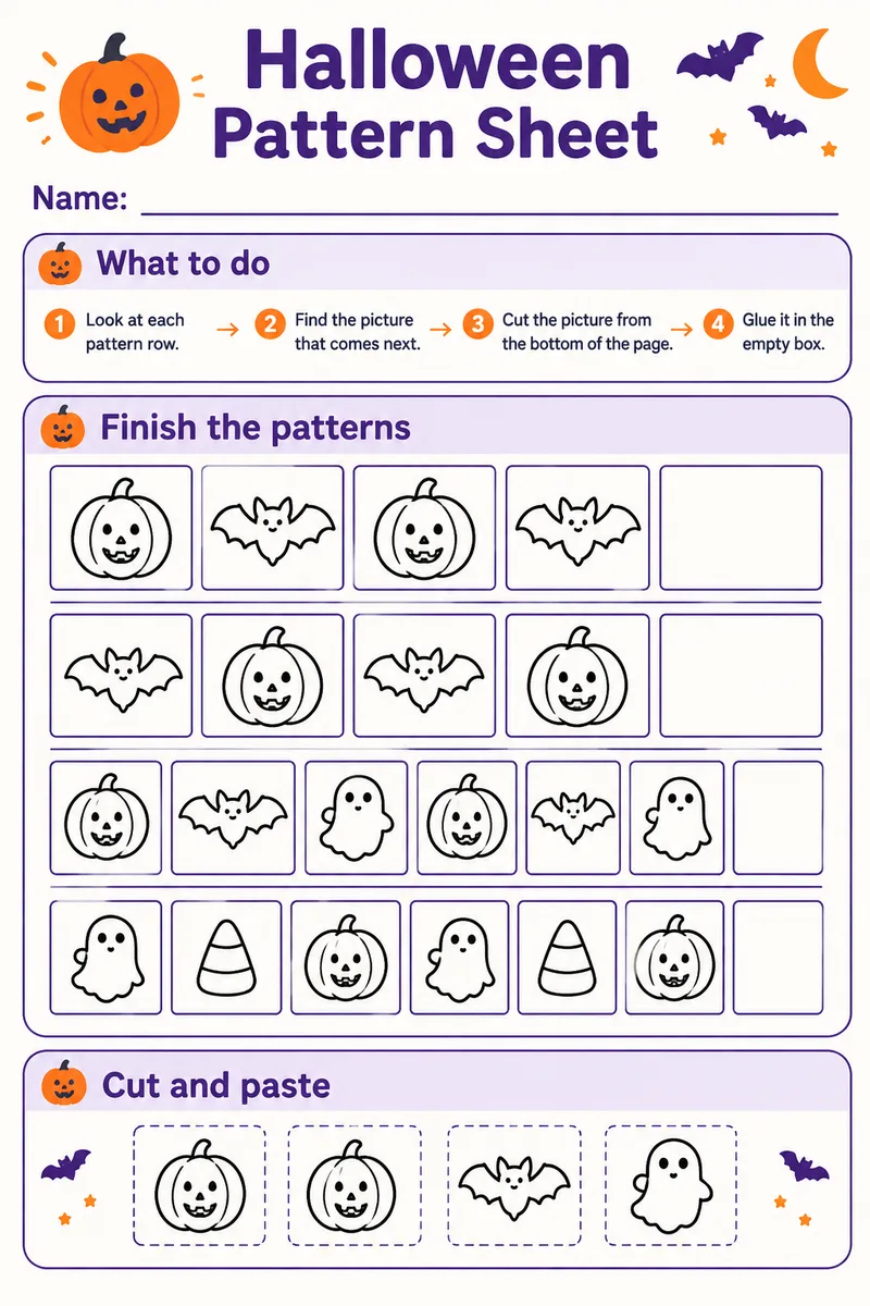 Halloween Patterns Cut and Paste: free printable worksheet for kindergarten