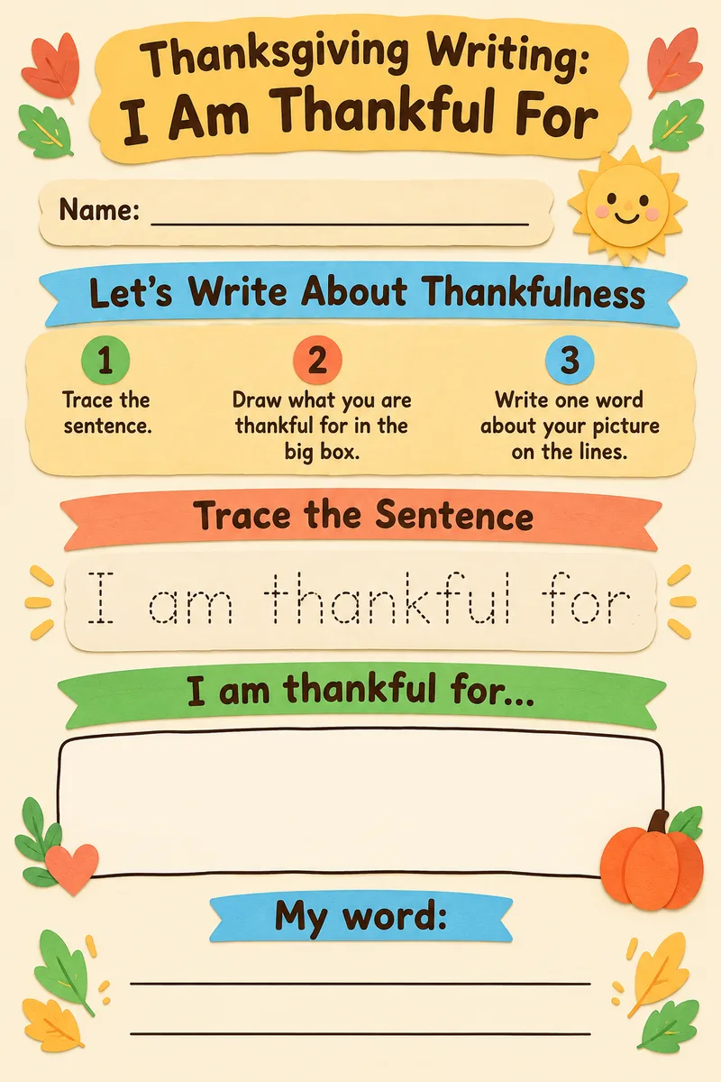 I Am Thankful For: Writing Sheet: free printable worksheet for kindergarten