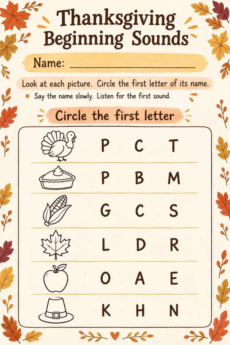 Thanksgiving Beginning Sounds: free printable worksheet for kindergarten