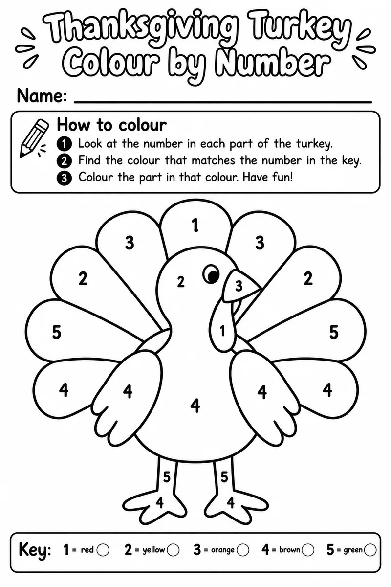 Turkey Color by Number: free printable worksheet for kindergarten