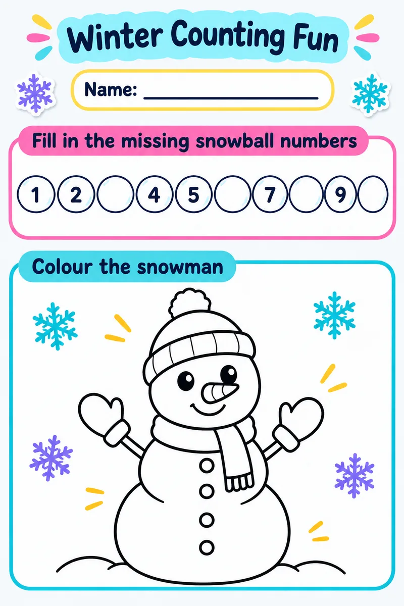 Winter Missing Numbers 1 to 10: free printable worksheet for kindergarten
